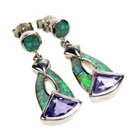 Silver Earrings (Rhodium Plated) w/ Inlay Created Opal & Amethyst CZ