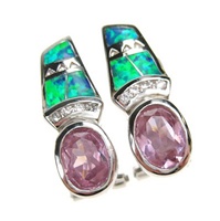 Silver Earrings (Rhodium Plated) w/ Inlay Created Opal, White & Pink CZ