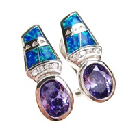 Silver Earrings (Rhodium Plated) w/ Inlay Created Opal, White & Tanzanite CZ