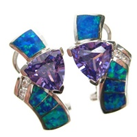 Silver Earrings (Rhodium Plated) w/ Inlay Created Opal, White & Tanzanite CZ