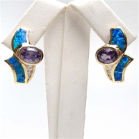Silver Earring (Gold Plated) w/ Inlay Created Opal, White & Tanzanite CZ