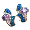 Silver Earrings (Rhodium Plated) w/ Inlay Created Opal, White & Tanzanite CZ