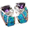 Silver Earrings (Rhodium Plated) w/ Inlay Created Opal, White & Amethyst CZ