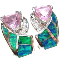 Silver Earrings (Rhodium Plated) w/ Inlay Created Opal, White & Pink CZ