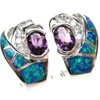 Silver Earrings (Rhodium Plated) w/ Inlay Created Opal, White & Amethyst CZ