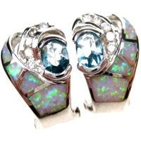Silver Earrings (Rhodium Plated) w/ Inlay Created Opal, White & Blue Topaz CZ