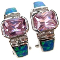 Silver Earrings (Rhodium Plated) w/ Inlay Created Opal, White & Pink CZ