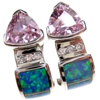 Silver Earrings (Rhodium Plated) w/ Inlay Created Opal, White & Pink CZ