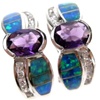 Silver Earrings (Rhodium Plated) w/ Inlay Created Opal, White & Amethyst CZ