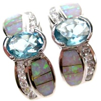 Silver Earrings (Rhodium Plated) w/ Inlay Created Opal, White & Blue Topaz CZ