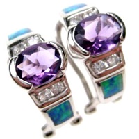 Silver Earrings (Rhodium Plated) w/ Inlay Created Opal, White & Amethyst CZ