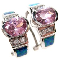 Silver Earrings (Rhodium Plated) w/ Inlay Created Opal, White & Pink CZ