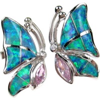 Silver Earrings (Rhodium Plated) w/ Inlay Created Opal, White & Pink CZ