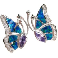 Silver Earrings (Rhodium Plated) w/ Inlay Created Opal, White & Tanzanite CZ