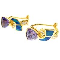 Silver Earring (Gold Plated) W/ Inlay Created Opal & Tanzanite CZ