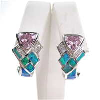 Silver Earrings with Inlay Created Opal, White and Pink CZ