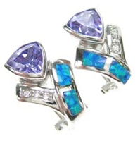 Silver Earring W/ Created Opal+Tanzanite+White CZ