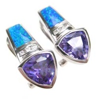 Silver Earring W/ Created Opal+Tanzanite+White CZ