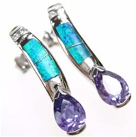 Silver Earrings (Rhodium Plated) w/ Inlay Created Opal, White & Tanzanite CZ