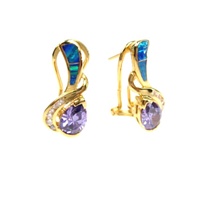 Silver Earrings (Gold Plated) W/ Inlay Created Opal & Tanzanite CZ