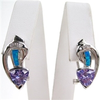 Silver Earrings  with Inlay Created Opal, White & Tanzanite CZ