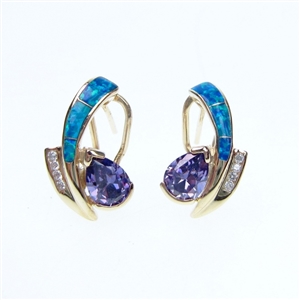 Gold Plated Silver Earrings with Inlay Created Opal, White and Tanzanite CZ