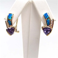 Silver Earring (Gold Plated) with Inlay Created Opal and Tanzanite CZ