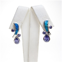 Silver Earring with Inlay Created Opal and Tanzanite CZ