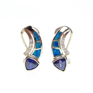 Gold Plated Silver Earrings with Inlay Created Opal, White and Tanzanite CZ