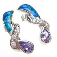 Silver Earrings (Rhodium Plated) w/ Inlay Created Opal, White & Tanzanite CZ