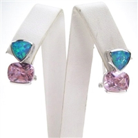 Silver Earrings with Inlay Created Opal and Pink CZ