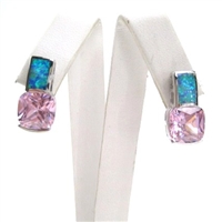 Silver Earrings with Inlay Created Opal and Pink CZ