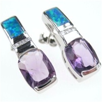 Silver Earring W/ Created Opal and White and Amethyst CZ