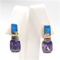 Silver Earrings (Gold Plated) with Inlay Created Opal, White & Tanzanite CZ