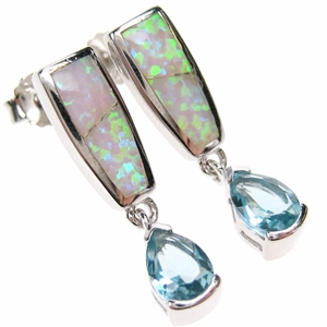 Silver Earrings With Inlay Created Opal And Blue Topaz Cz