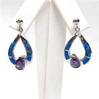 Silver Earring W/ Inlay Created Opal & Tanzanite CZ