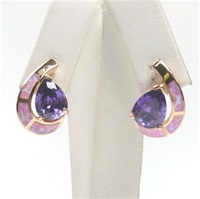 Silver Earring (Rose Gold Plated) with Inlay Created Opal and Tanzanite CZ