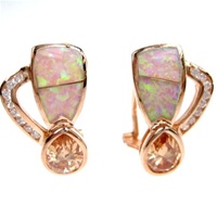 Silver Earrings (Rose Gold Plated) w/ Inlay Created Opal & Champagne CZ