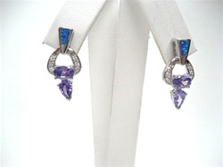 Silver Earrings W/ Inlay Created Opal and Tanzanite CZ