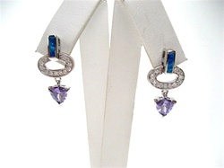 Silver Earrings W/ Inlay Created Opal and Tanzanite CZ