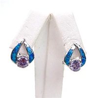 Silver Earring with Inlay Created Opal and Tanzanite CZ