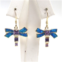 Silver Earring (Gold Plated) w/ Inlay Created Opal & Tanzanite CZ