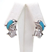 Silver Earrings with Inlay Created Opal & White CZ (Dolphin)