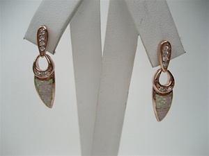 Silver Earrings (Rose Gold Plated) W/ Inlay Created Opal and White CZ