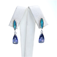 Silver Earring with Inlay Created Opal and Tanzanite CZ