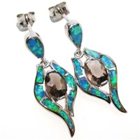 Silver Earrings w/ Inlay Created Opal & Smoky Topaz CZ