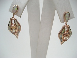 Silver Earrings (Rose Gold Plated) w/ Inlay Created Opal & Champagne CZ