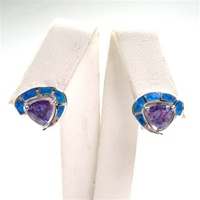 Silver Earrings w/ Inlay Created Opal & Tanzanite CZ