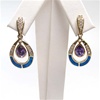 Silver Earrings (Gold Plated) with Inlay Created Opal, White & Tanzanite CZ