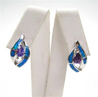 Silver Earrings w/ Inlay Created Opal & Tanzanite CZ